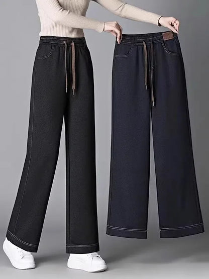 High Waist Thickened Fleece Lined Wide Leg Jeans Women's Casual Straight Cut Trousers Autumn Winter New Style Slimming Effect