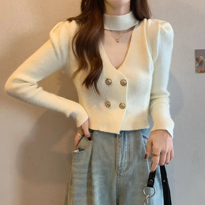 Elegant V-Neck Bubble Sleeve Knitwear Short Top Fashion Trend Neck Hanging Style Girl's French Style Slim Fit Long Sleeve Autumn