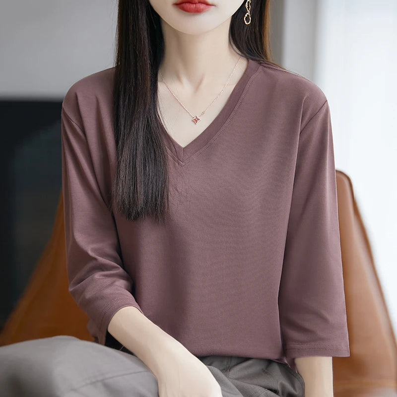 Spring And Summer New White Mercerized Cotton Cropped Sleeve T-shirt Feminine Joker 100% Cotton Bottoming Shirt Half Sleeve