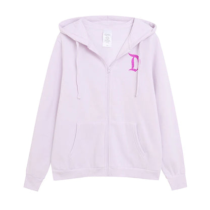 Loose Fit Fleece Lined Zipper Hoodie Women's Cartoon Anime Letter Embroidery Slimming Outerwear Comfortable Spring Cardigan