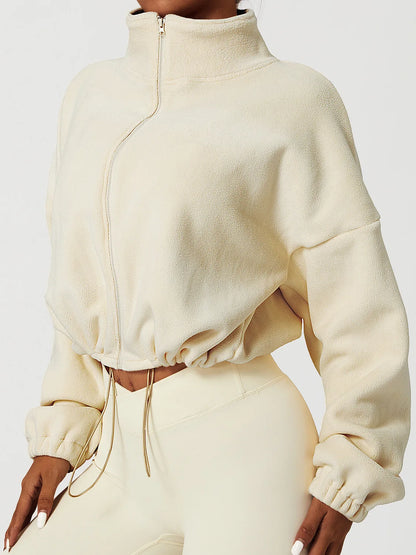 Loose Stand Collar Fleece Casual Jacket Women's Comfortable Polyester Blend Long Sleeve Zipper Closure Fashionable Sweatshirt
