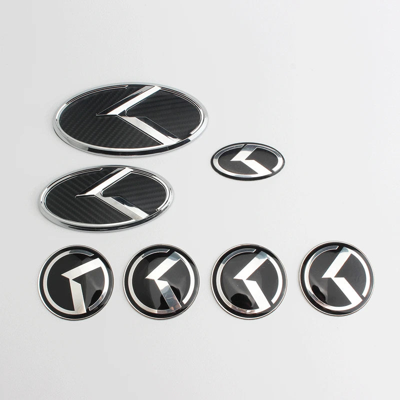 1 SET(7 Pcs) K Logo 3D Emblem Front Grille Trunk + Steering Wheel + Wheel Center Caps Sticker Badge for OPTIMA K5 Forte Koup