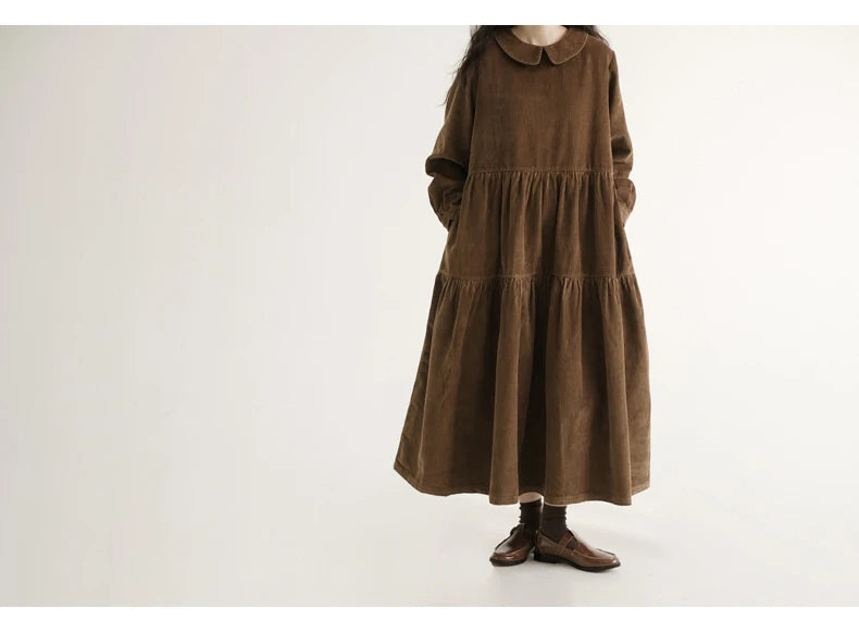 Japanese Style Long Sleeve Corduroy A-Line Dress Loose Slimming Simple Design Women's plus Size Dress Daily Wear Long Dress