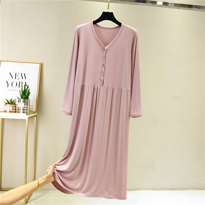 Early Autumn 2024 Women's V-Neck Long Sleeve Dress Loose Button-Up Modal Dress for Home Wear Midi Skirt A-Line Silhouette