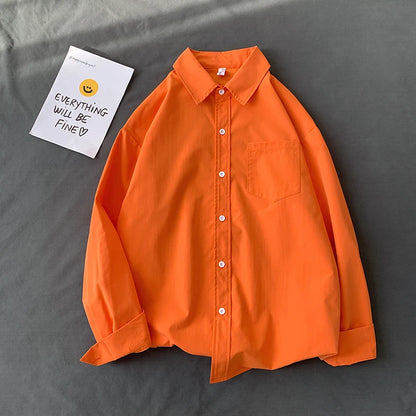 Loose Long Sleeve Pure Color Shirt Women's Basic Style Retro Korean Hong Kong Style Casual Outerwear for Couples Student Fashion