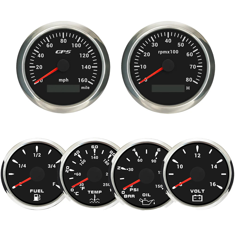 ELING 6 Gauge Set 85mm GPS Speedometer with Tachometer with 52mm Water Temp Oil Pressure Fuel Level Voltmeter with Backlight