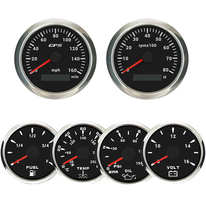 ELING 6 Gauge Set 85mm GPS Speedometer with Tachometer with 52mm Water Temp Oil Pressure Fuel Level Voltmeter with Backlight