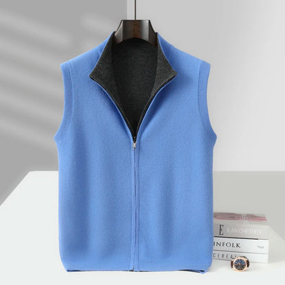 Autumn and winter 100% pure wool cardigan men's zipper stand collar double-sided sweater sleeveless knitted cashmere vest