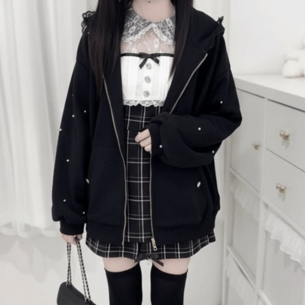 Long Sleeve Strapped Rabbit Ear Hoodie Thick Warm Lolita JK Cardigans Women Y2K Ladies Top Winter Autumn Lace Bow Coats Female