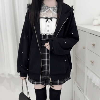 Long Sleeve Strapped Rabbit Ear Hoodie Thick Warm Lolita JK Cardigans Women Y2K Ladies Top Winter Autumn Lace Bow Coats Female