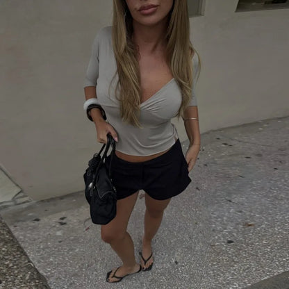 Tossy Summer V-Neck Sexy T-Shirts Top Women Patchwork Casual Solid Slim Commute Y2k Top Pullover Female Backless Tee Top 2026