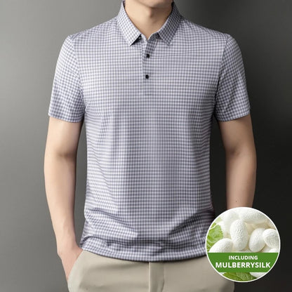 2025 Top Grade Mulberry Silk Anti-wrinkle New Summer Brand Polo Shirt Short Sleeve Casual Tops Fashions Checkered Mens Clothes