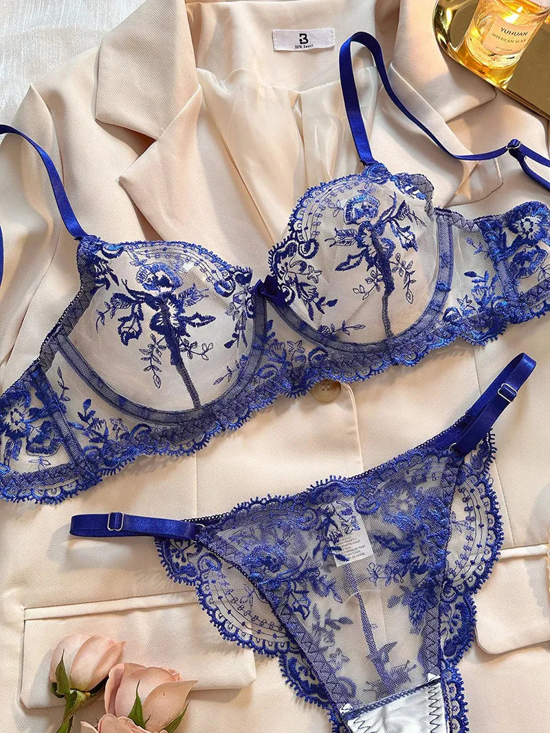 Red Ensemble Lingerie Broderie Florale Transparent Armature Push Up Coupe Ultra Fine Soutien-Gorge String Style Pure Désir Femme