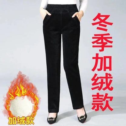 Thiened Fce Lined Corduroy Straight Leg Pants for Mom High Waist Korean Sle Commute Faion Winter Casual Trousers