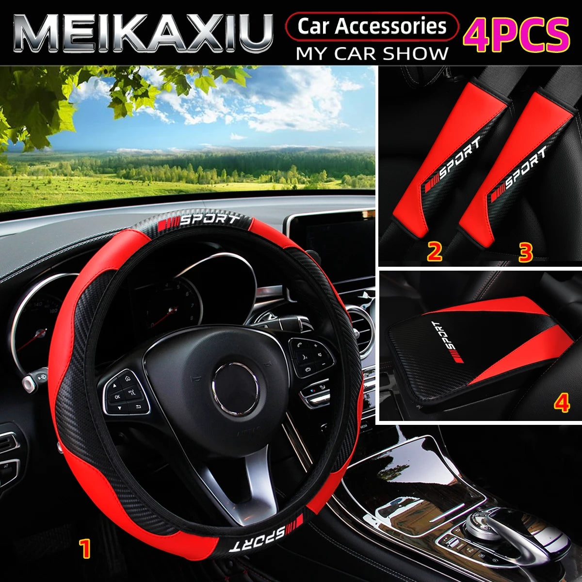 4PCS Carbon Fiber PU Leather Sport Car Steering Wheel Cover with Shoulder Guard And Armrest Pad Rimless Design for 37-38cm women