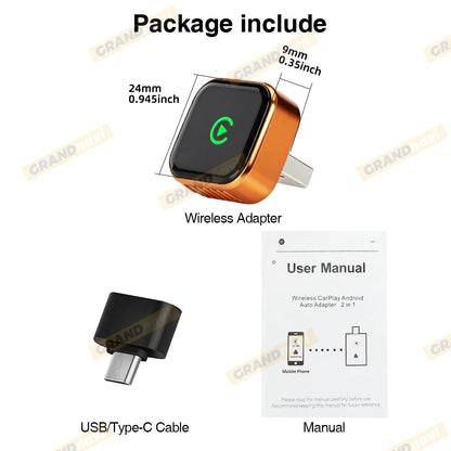CarPlay Wireless Orange Adapter 2026 New Plug & Play Auto Connect No Delay Converts Wired to Wireless iPhone & Android