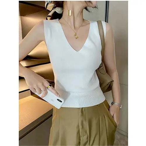Women's Summer V-Neck Tank Top: Breathable, Waist-Defining Short-Sleeved Knit Top with Ice-Silk Spandex Lining for Outerwear