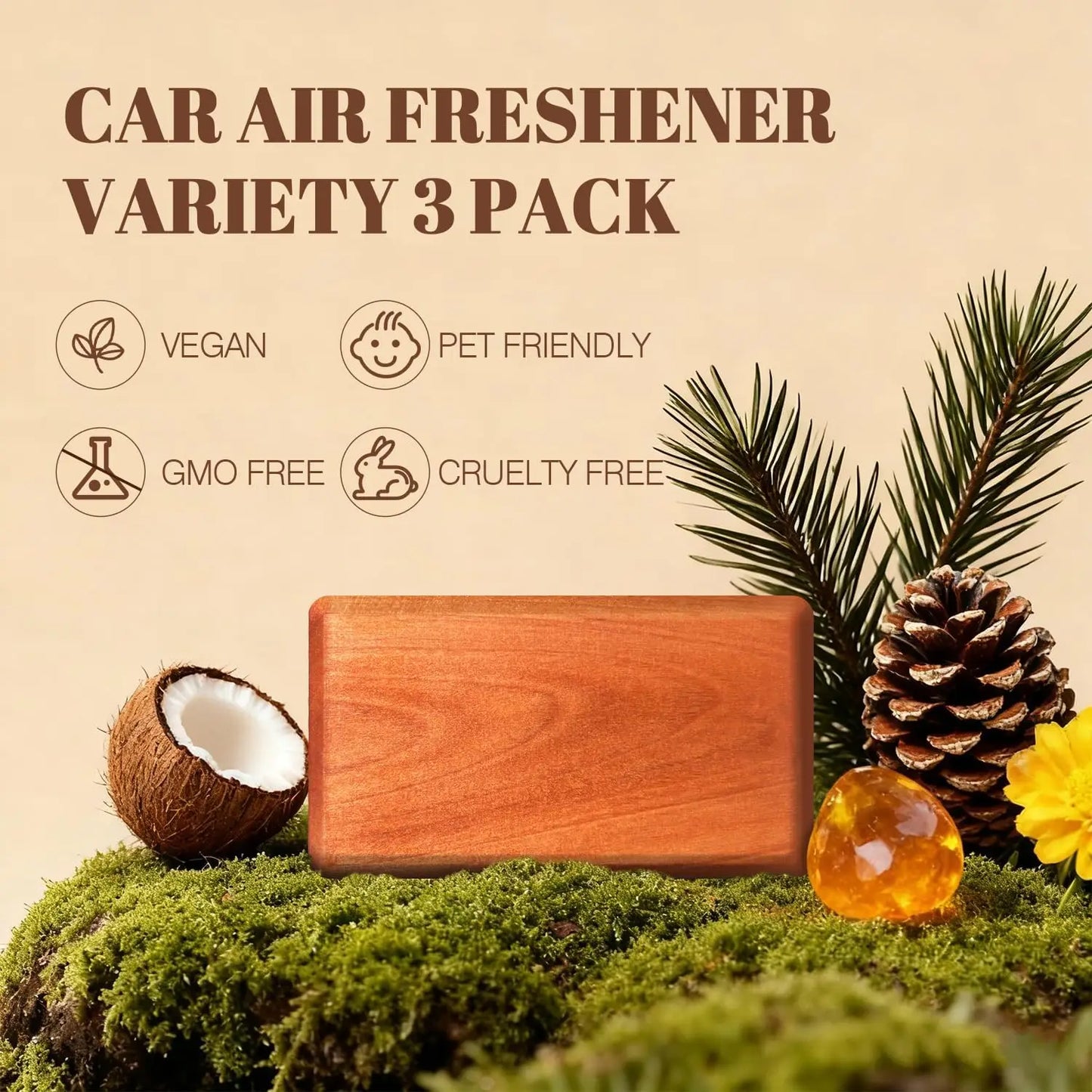 Car Air Freshener Starter Kit Wood Air Freshener Car Odor Eliminator Visor Clip Long-Lasting Variety 3 Refill Amber-Cabana-Pine