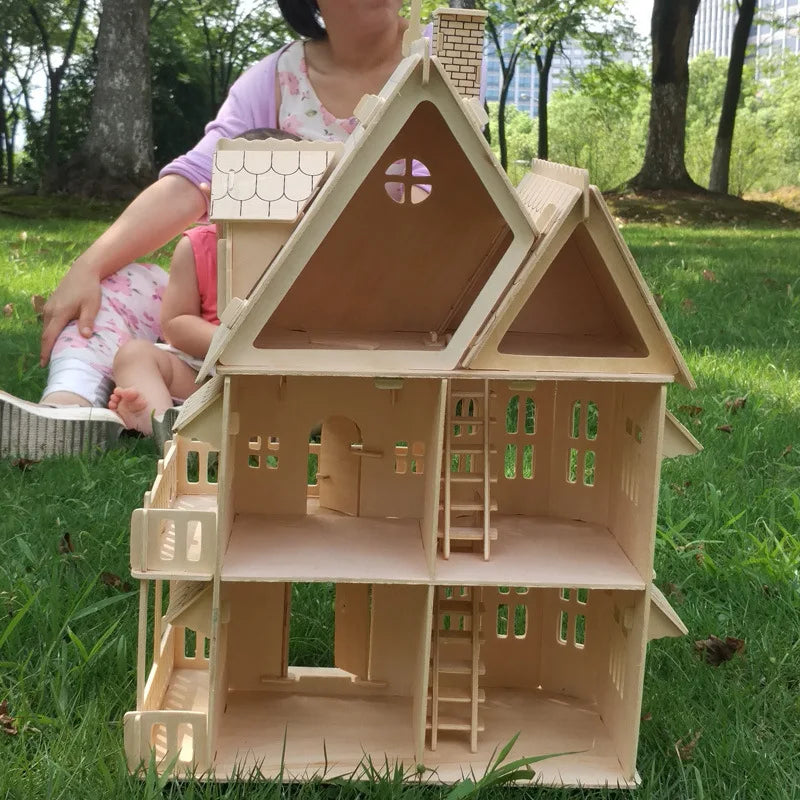 Wood 3D Puzzle House DIY Doll House Villa Model Assembled Miniature Dollhouse Educational Pretend Play Toys For Children Girls