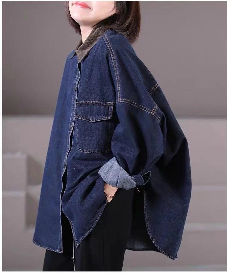 Loose Fit Women's Korean Style Corduroy Denim Shirt Jacket  Collar Splicing Oversize Outerwear Commute Fashion