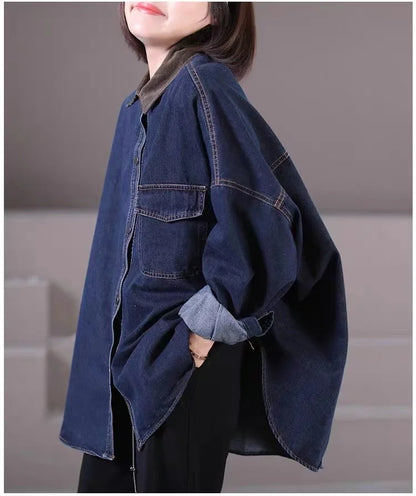Loose Fit Women's Korean Style Corduroy Denim Shirt Jacket  Collar Splicing Oversize Outerwear Commute Fashion