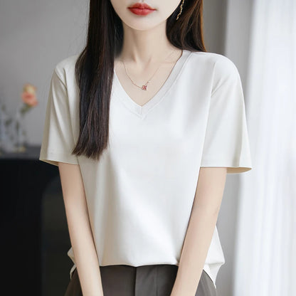 2026 Summer New Pure Cotton V-neck Short-sleeved T-shirt Women's Solid Color Joker Pullover Shirt with Loose Sleeve Bottom Shirt