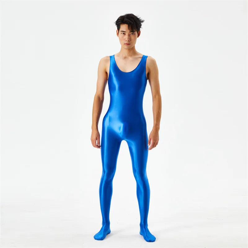 Sexy Body Shaper Jumpsuit Men Fitness Trimmer Sleeveless High Elastic Breathable Sheer Bodysuit With Bulge Pouch Slim Tights