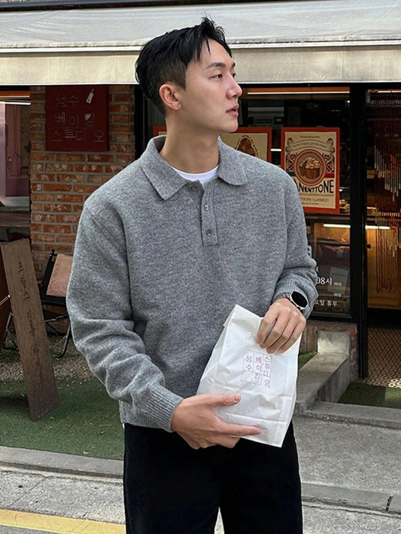 LVLAEA Old Money Style Men's Pullover, Solid Color Long Sleeve Lapel Button-Up, Fall Winter Loose Warm Casual Loungewear