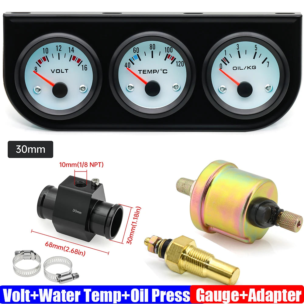 3IN1 Triple Meter Kits Gasoline Car 12V 52mm Voltage+Water Temp+Oil Pressure Gauge with Sensor Radiator Hose Adapter 26MM-40MM