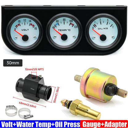 3IN1 Triple Meter Kits Gasoline Car 12V 52mm Voltage+Water Temp+Oil Pressure Gauge with Sensor Radiator Hose Adapter 26MM-40MM
