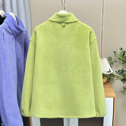4XL Fashion Plus Size Women's Zipper Hoodie 2025 Winter Simple Warm Fleece Stand Collar Jacket Solid Color Sweatshirt 2606