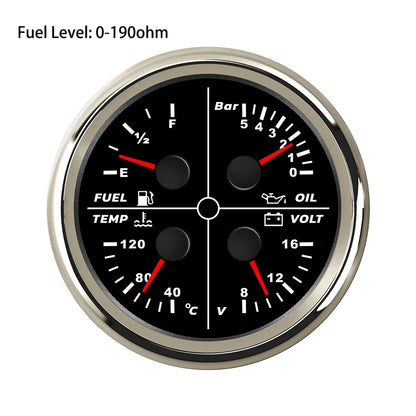 ELING Waterproof Auto Marine 85mm 4 in 1 Gauge Oil Pressure Water Temp Fuel Level Voltmeter for Motorcycle 8-16V