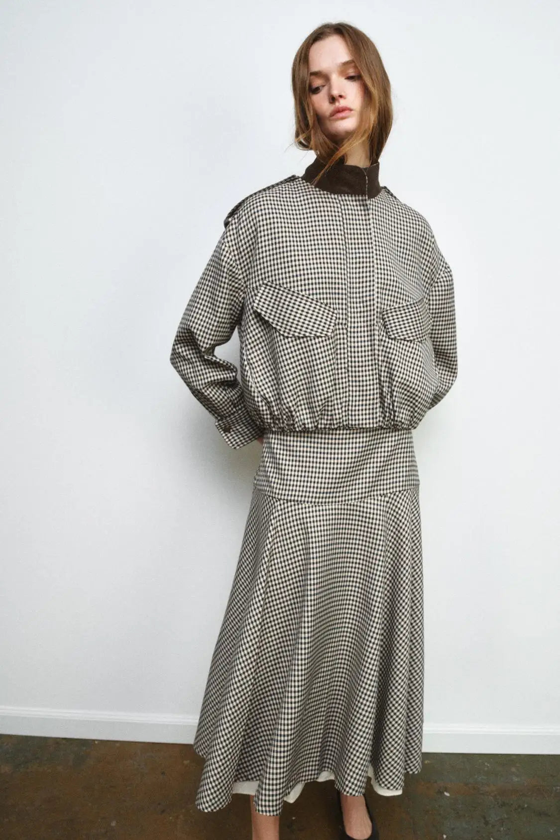 Color Block Plaid Pilot Jacket Coat High Collar Long Sleeve Women's Spring Fashion Set with Midi Skirt Spring Season Pattern