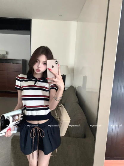 Miu Stripe  Neck Knitted Short Sleeve T-Shirt Women's Summer Design Sensible Short Style Korean Version Slim Fit Top