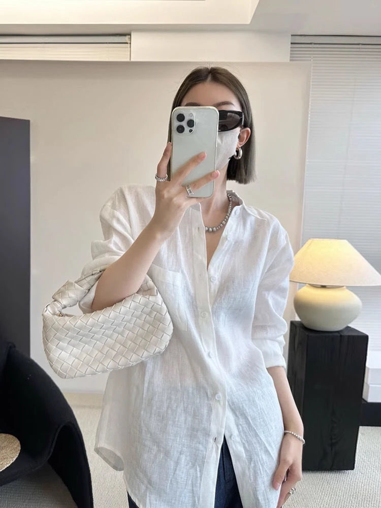 White Linen Cotton Blend Long Sleeve Shirt Women Summer Thin Loose Style Sun Protection Top Casual Commute Fashion  Collar
