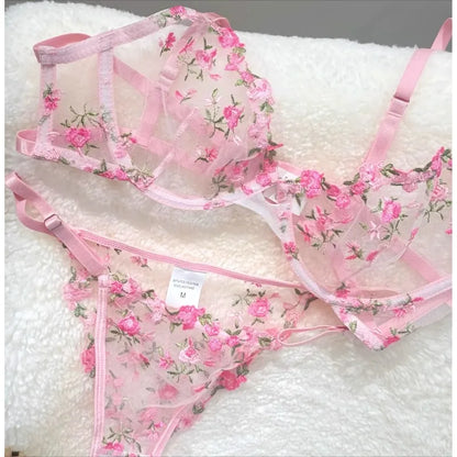 Sexy Floral Embroidery Mesh Bra Set Sweet Sheer Lace Lingerie Soft Comfort Breathable Underwear Suit Party Dating Daily Wear Bra