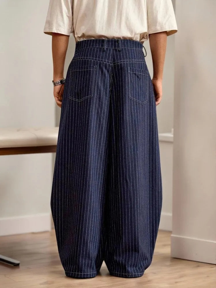 Men's Vertical Striped Barrel Leg Baggy Wide Leg Pants Stretch Polyester Elastane Oversized Casual Streetwear Long Trousers
