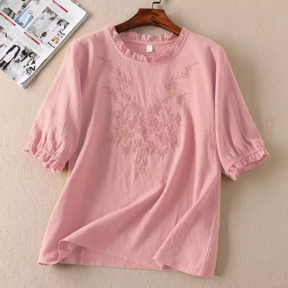 Fashion Thin Cotton Linen Y2k Tops Tee Women Clothing Summer Loose T Shirts Woman Embroidered T-shirt Blusa Casual Ladies tshirt