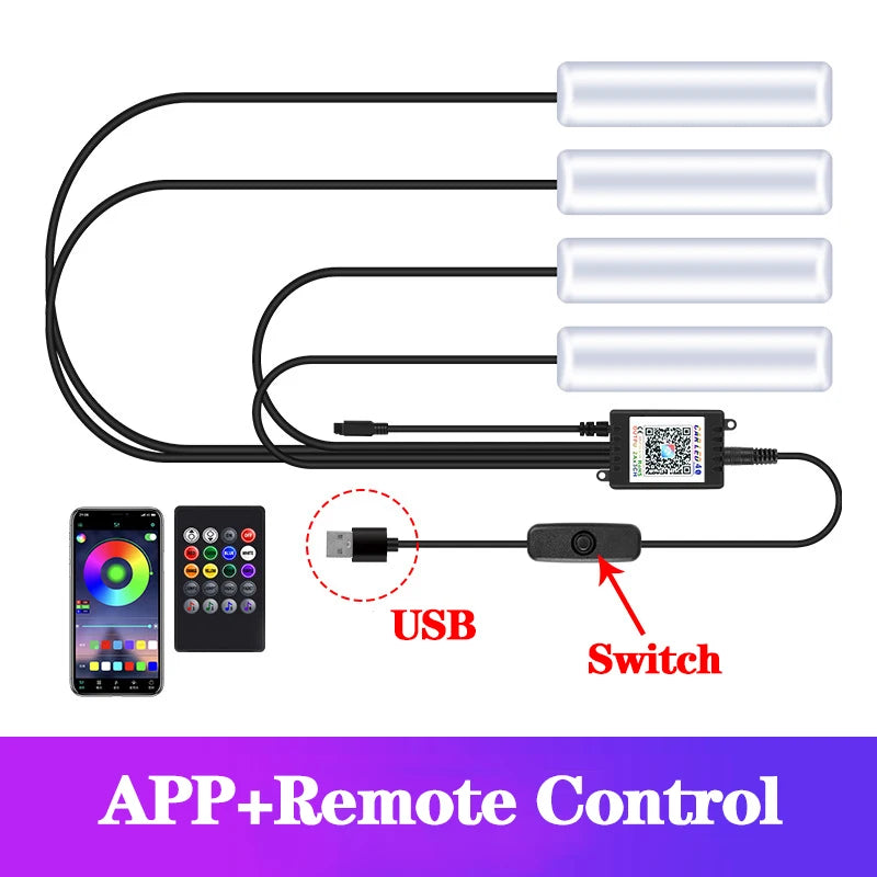 LED Car Interior Ambient Foot Light Kit With USB Cigarette Lighter Backlight Remote App Music Control Auto RGB Decorative Lamp