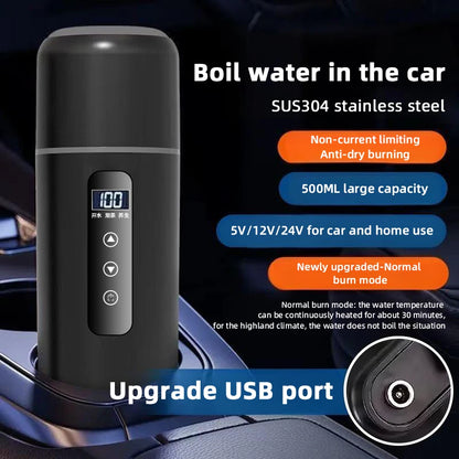 Electric kettle 12V 24V portable car heating cup 500 ml travel heating smart stainless steel insulation artifact OLED display