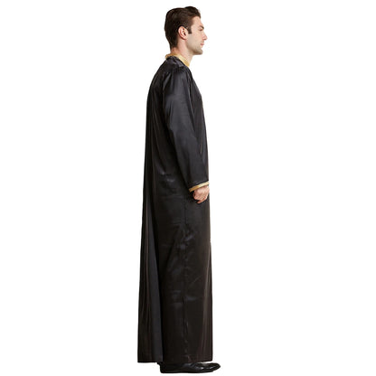 TH819 Men's Muslim Middle Eastern Men Long Sleeves Stand Collar Silk Emboridery Robe Male Ramadan Eid Jubba Thobe