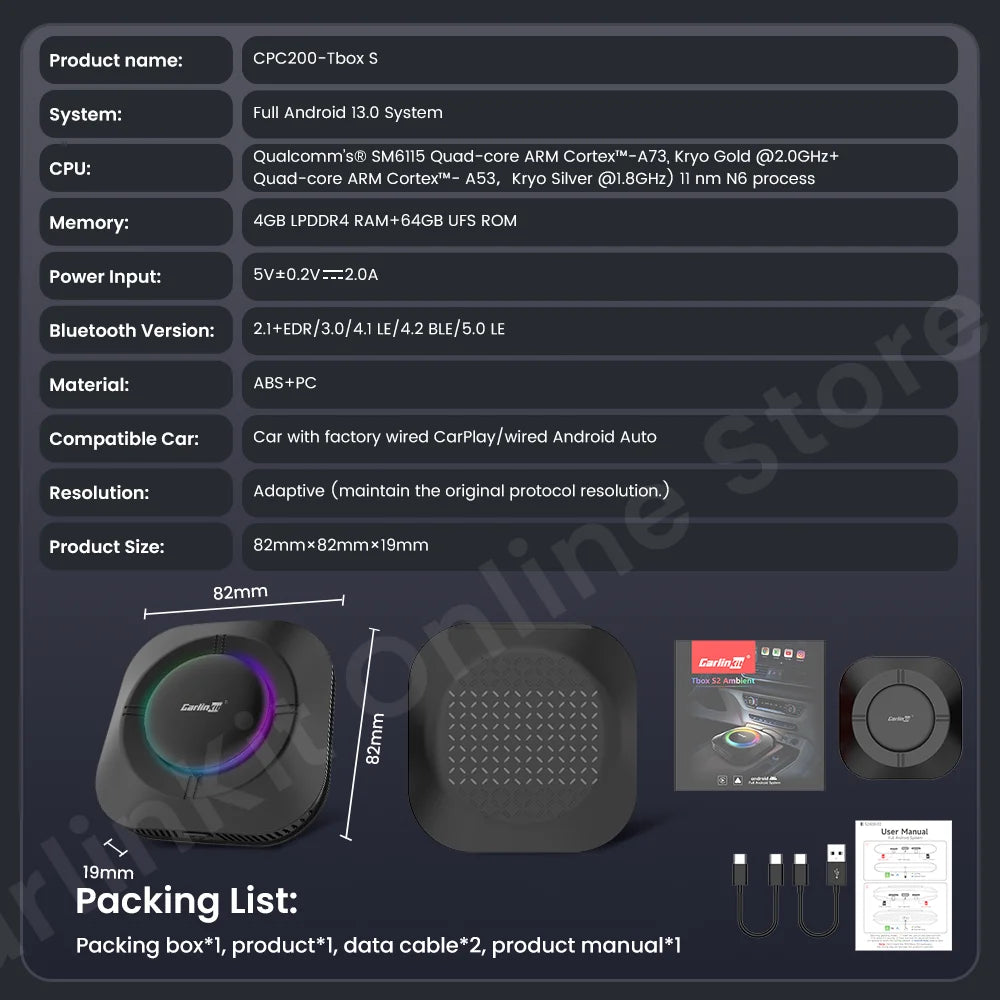 Carlinkit S2 Android 13 Tv Box SM6115 8 Core Carplay Wireless Android auto Support Youtube Netfilx IPTV Spotify Physical Switch