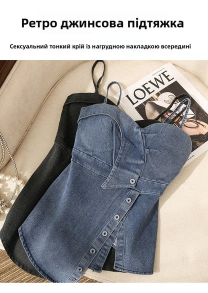 Irregular Halter Neck Denim Crop Top Women Summer Outdoor Wear with Chest Pad Slimming Sexy Girl Shirt Short Length Zipper