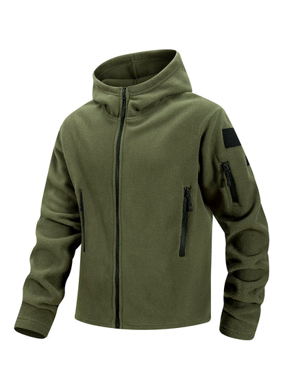 Men's Hiking Tactical Fleece Full Zip Hooded Jacket Multi-Zipper Pockets Design Autumn Winter Warm Outdoor Sports Coat for Men