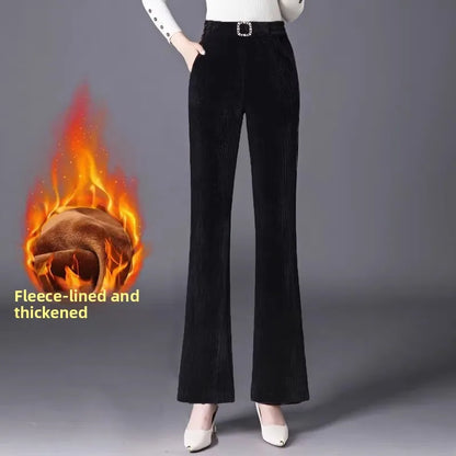 plus Size Flared Pants for Women Autumn Winter Fce Lined Casual High Waist Nine Points ket Pants for Middle-Aged Mothers