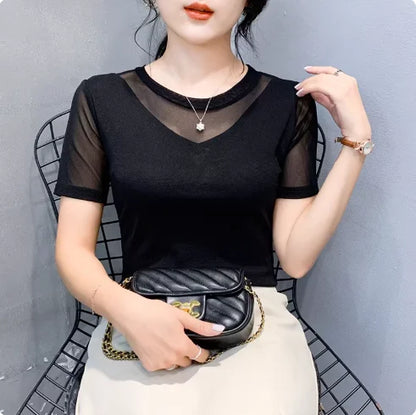 Autumn Winter Round Neck T shirt Women Sexy Mesh Bottoming Shirt Long Sleeve Solid Color Slim Fit Long Sleeve Casual Tops