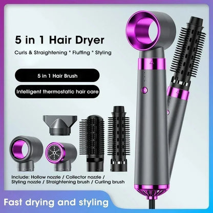 5-in-1 Negative Ion Hair Dryer Styler Straightener Curler Fast Drying Strong Wind 110V/220V for Home Travel Salon