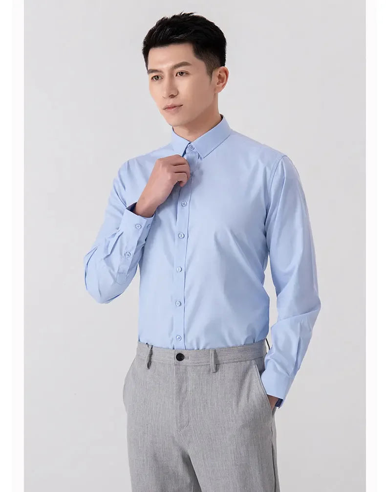 New Men's Shirt Long Sleeve Tooling Elastic Business Slim-fit Non-ironing Long Sleeve High-end Solid Color Men's Casual Shirts