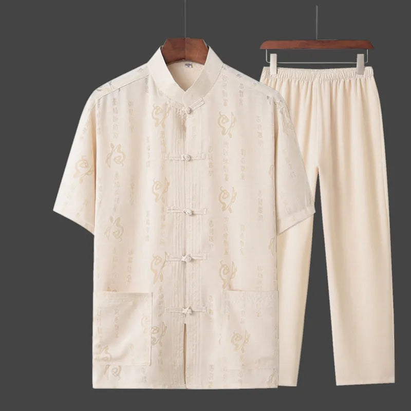 Spring Summer Large Size Linen Cotton Men's Tang Suit Ethnic Style Hanfu Set Home Wear Comfortable Loose Fit Traditional Chin...
