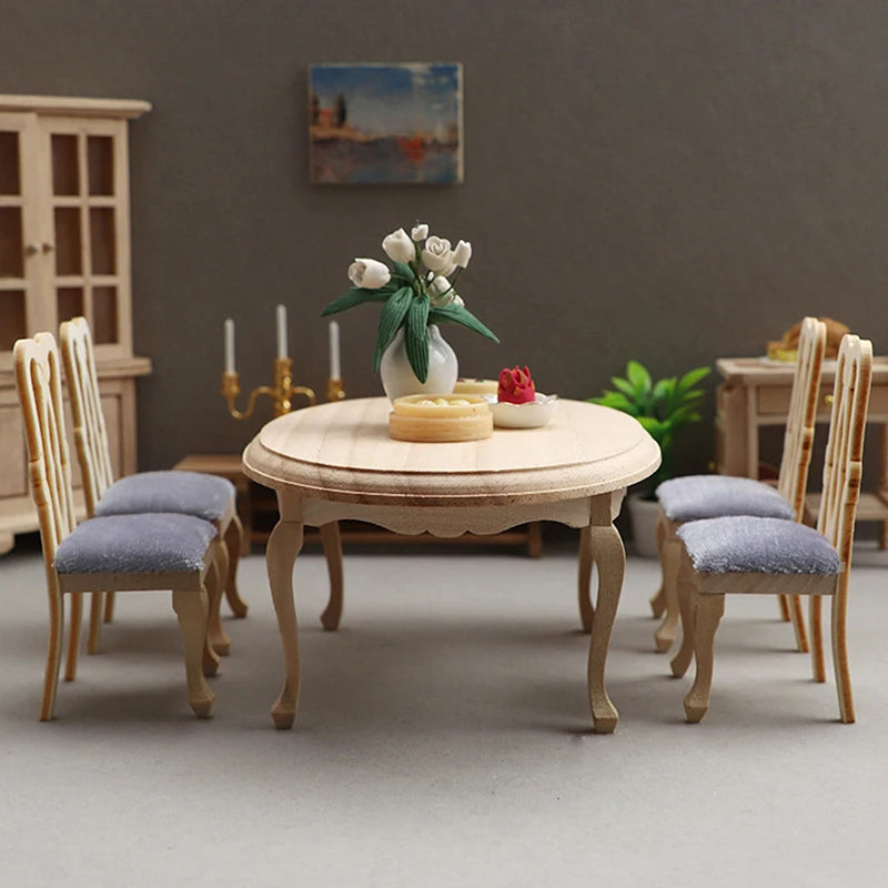 5Pcs/Set 1:12 Dollhouse Miniature Wooden Dining Table Chair Set Doll House Kitchen Furniture Toy